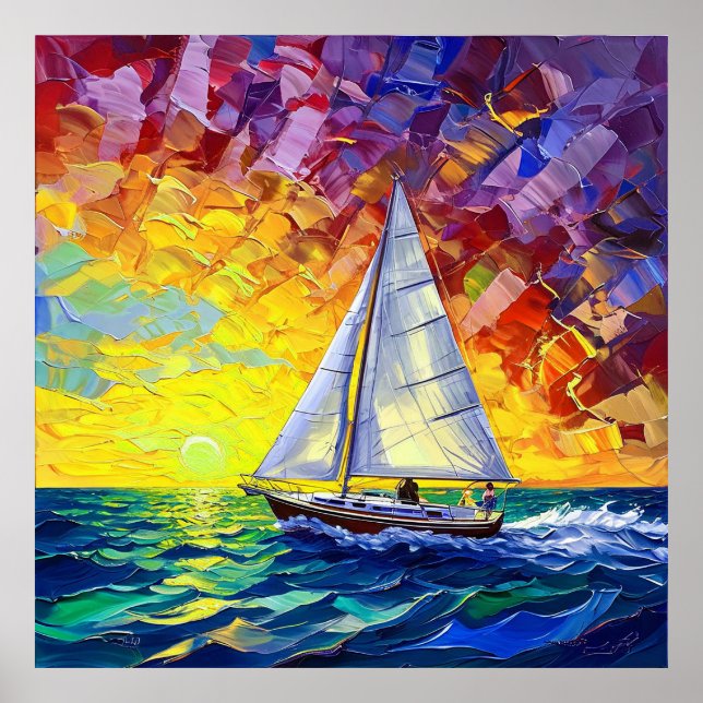 Livlig segelbåt resa genom färgrik solnedgång poster (Framsidan)