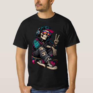 Livlig skateboard-skelett med fredstecken och Po T Shirt