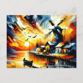 Livlig Solnedgång Hamn Väderkvarn Helg Vykort