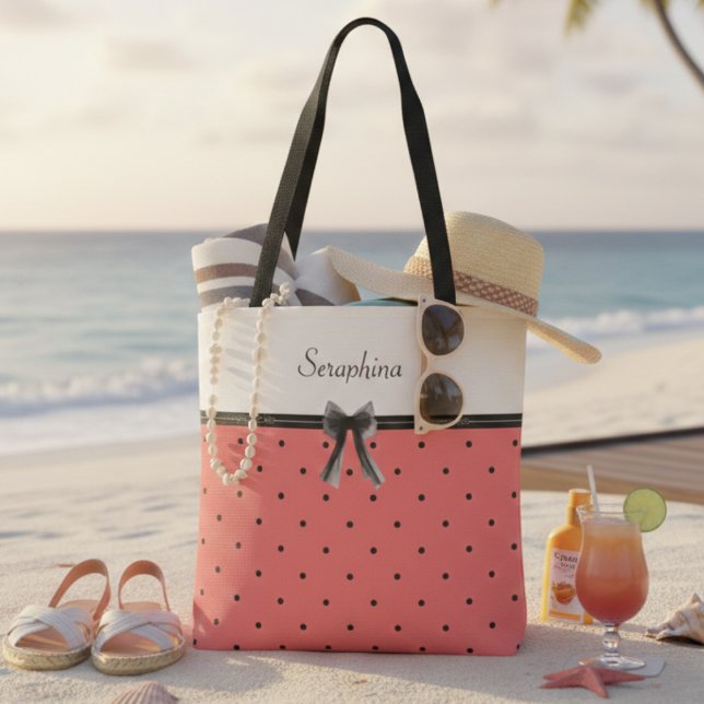 Livlig Solnedgång Korall Sommar Chic Handväska Tygkasse (Celebrate the season with a personalized vibrant polka dot beach bag)
