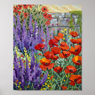 Livlig sommar vallmo- och lavendeltuin Oljefärg Poster