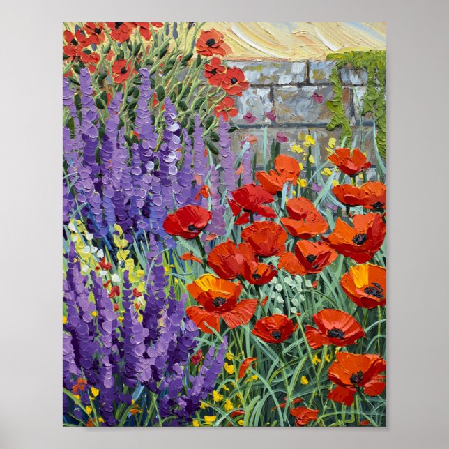 Livlig sommar vallmo- och lavendeltuin Oljefärg Poster (Framsidan)