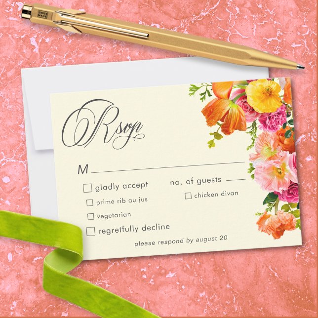 Livlig sommarblomma gul orange rosa bröllop OSA kort (Vibrant Summer Floral Yellow Orange Pink Wedding RSVP Card)
