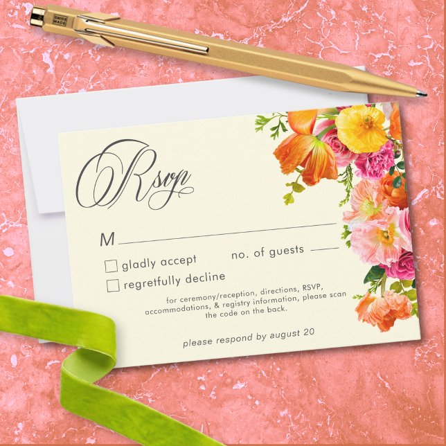 Livlig sommarblomma gul orange rosa bröllop OSA kort (Vibrant Summer Floral Yellow Orange Pink Wedding RSVP Card)