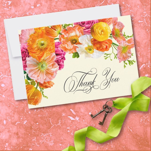 Livlig sommarblomma gul orange rosa bröllop tack kort (Vibrant Summer Floral Yellow Orange Pink Wedding Thank You Card)