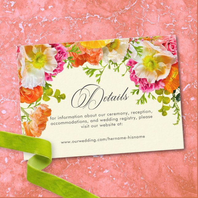 Livlig sommarblomma gul orange rosa bröllop tilläggskort (Vibrant Summer Floral Yellow Orange Pink Wedding Enclosure Card)