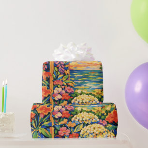 Livlig Trädgård med Blommor och Solnedgång över Oc Presentpapper