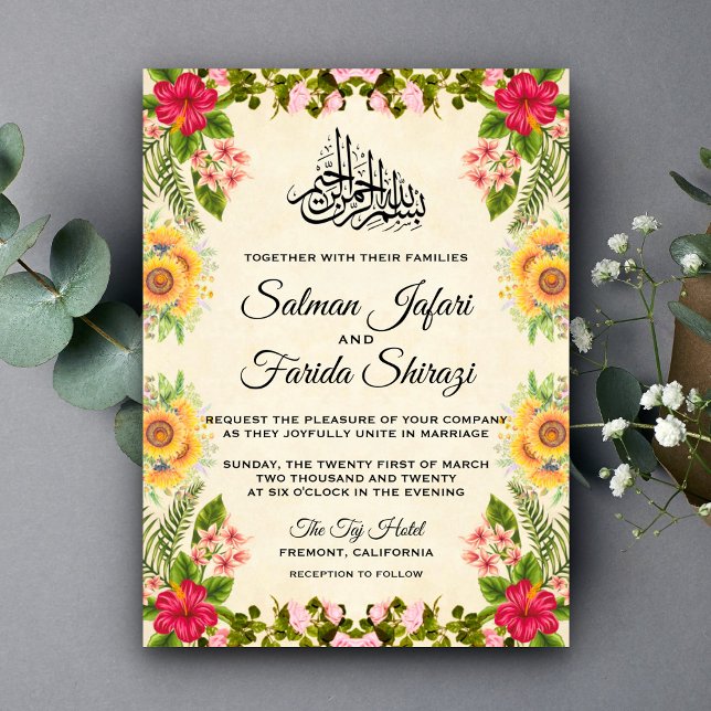 Livlig tropisk blomsterformgiven islamsk bröllopsi inbjudningar (Skapare uppladdad)