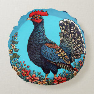 🐓 Livlig Tupp Blommig Farmhouse Heminredning Rund Kudde