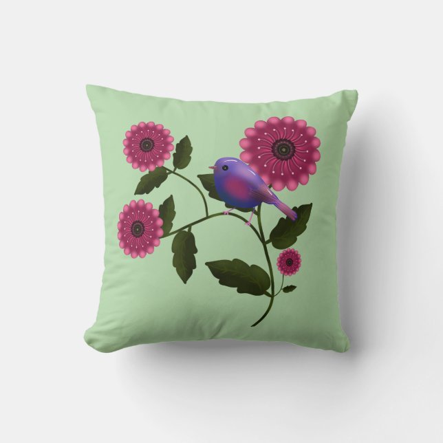 Livlig vårblomma med söt lila fågelkonst kudde (Framsida)