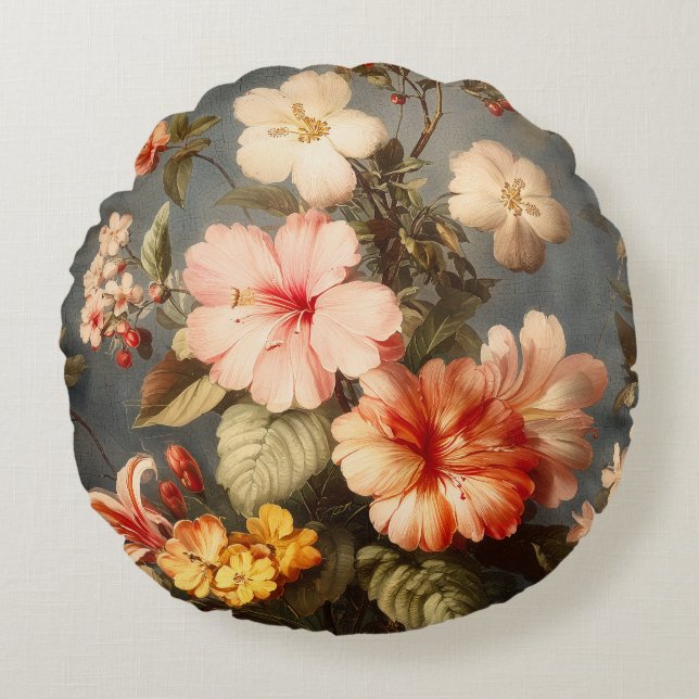 Livlig Vintage Blomsterarrangemang Rund Kudde (Framsidan)
