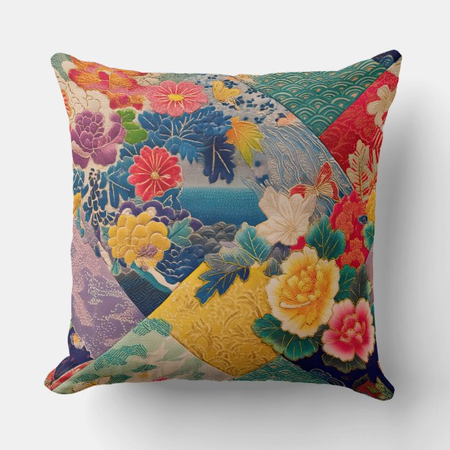 Livlig Vintage Japansk Kimono Blommig Kudde (Framsida)
