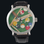 Livliga Billiards Bord med Bollar och krita Armbandsur<br><div class="desc">Racka upp dem med den här spektakulära målningen av miljardtals bord av Jennifer Goldberger. Bollar ser nytt ut,  filten ser imakulerad ut och kritan har redan applicerats på referenspunkterna. Lägg det här i ditt hem,  eller ge det till en vän eller älskad som njuter av ett spel av bassäng!</div>