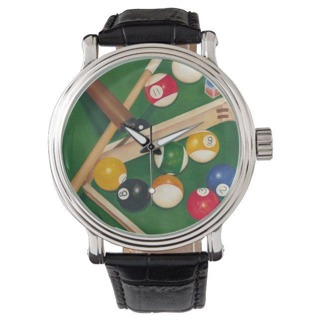 Livliga Billiards Bord med Bollar och krita Armbandsur (Framsida)