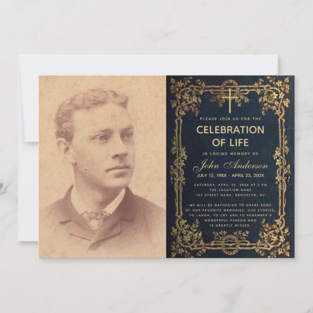 Livliga Firande-blommiga Guld-blåa foto-blåa Inbjudningar (Framsida)