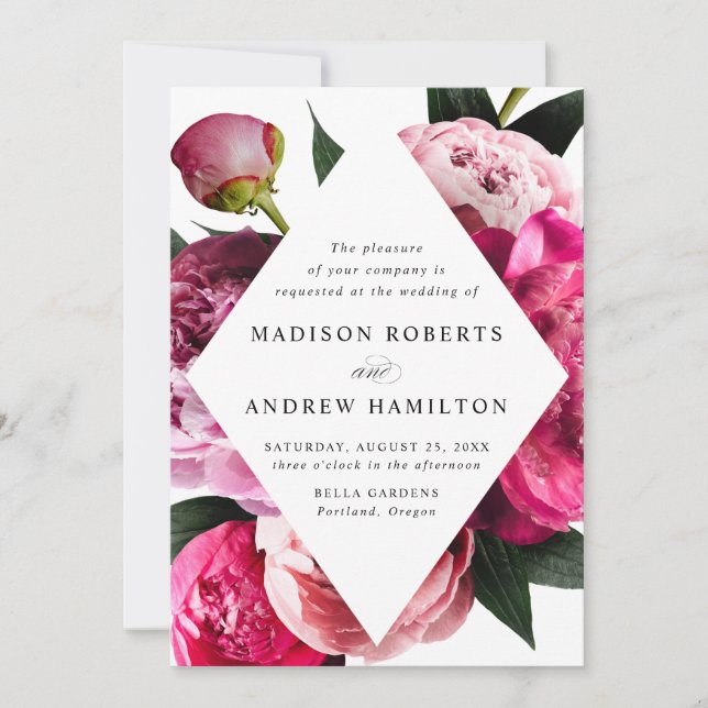 Livliga Peonies Diamant Blommig Ram Bröllop Inbjudningar (Framsida)