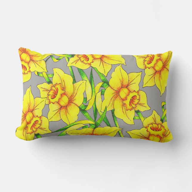 Livligt Golden Vår Daffodils & Grått | Monogram Lumbarkudde (Framsida)