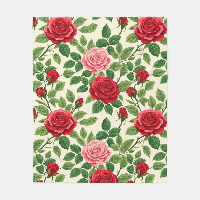 Livligt rosamuster med röda och rosa rosor fleecefilt (Framsidan)