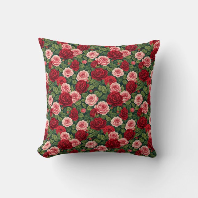 Livligt rosamuster med röda och rosa rosor kudde (Framsida)