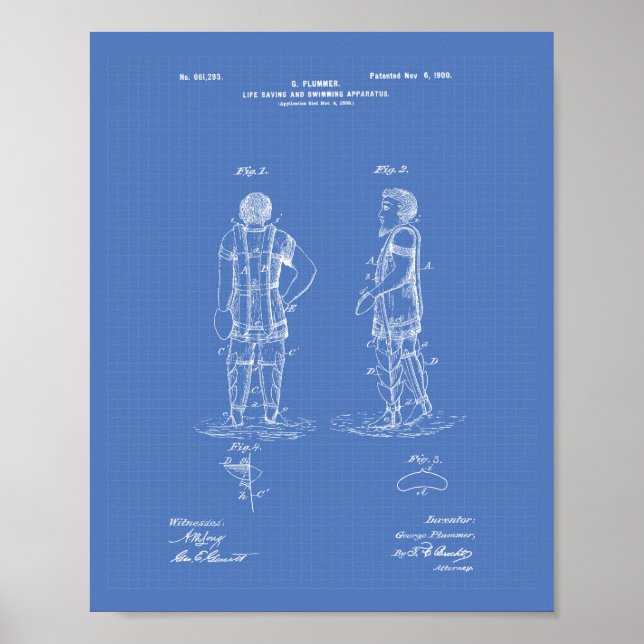 Livräddande simning 1900 Patent Art Blueprint Poster (Framsidan)