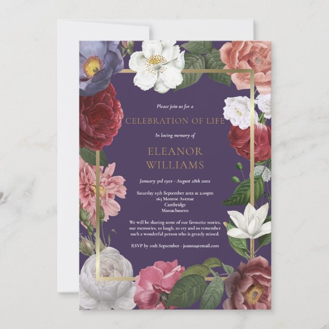 Livs firande Lila Guld Ros Blommig  Inbjudningar (Framsida)