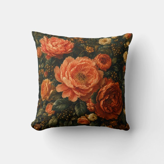 Livsakorallpion och ros vintageblomma kudde (Framsida)
