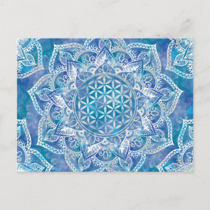 Livsblomma i Lotus - Vattenfärg Blå Vykort