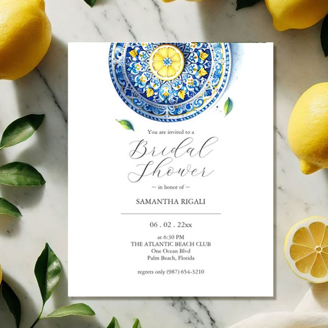 Livsdugliga Inbjudningskort för möhippa Citrus Flygblad (Budget bridal shower invitations watercolor yellow lemons green leaves blue tile plate)