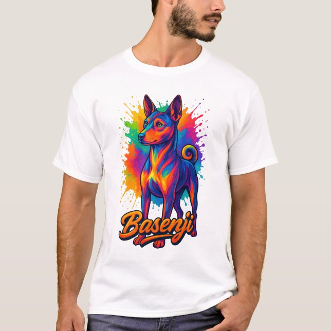 Livsglad Basenji Pop Art-design T Shirt (Framsida)
