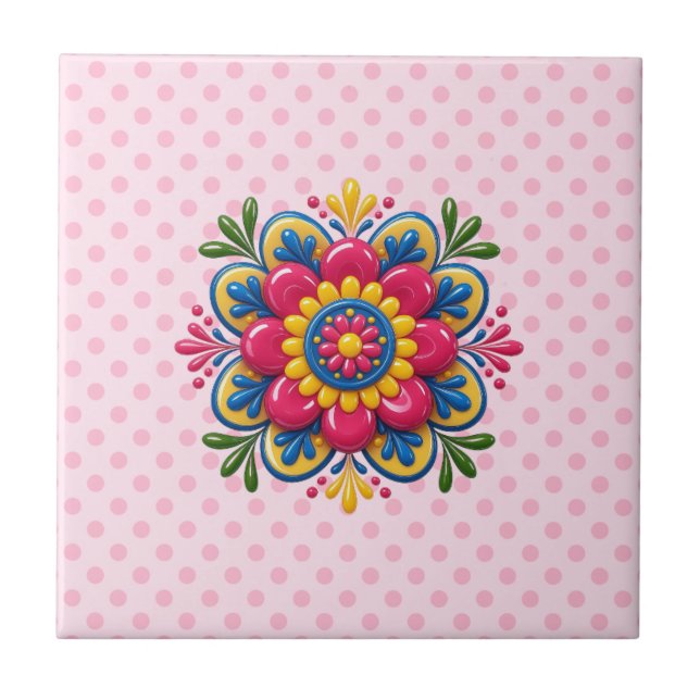Livsglad blommande mandala kakelplatta (Framsidan)