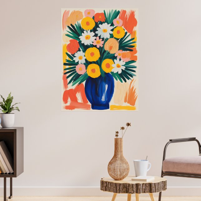 Livsglad blomsterarrangemang i blå vas poster (Vardagsrum 3)