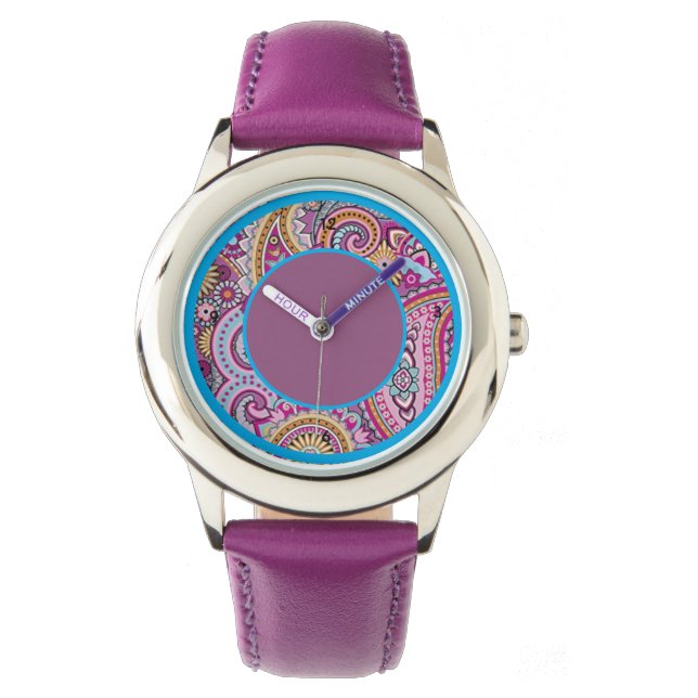 Livsglad Boho Paisley Blommönster | Färgrik Konst Armbandsur (Framsida)