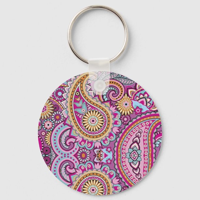 Livsglad Boho Paisley Blommönster | Färgrik Konst Nyckelring (Framsida)