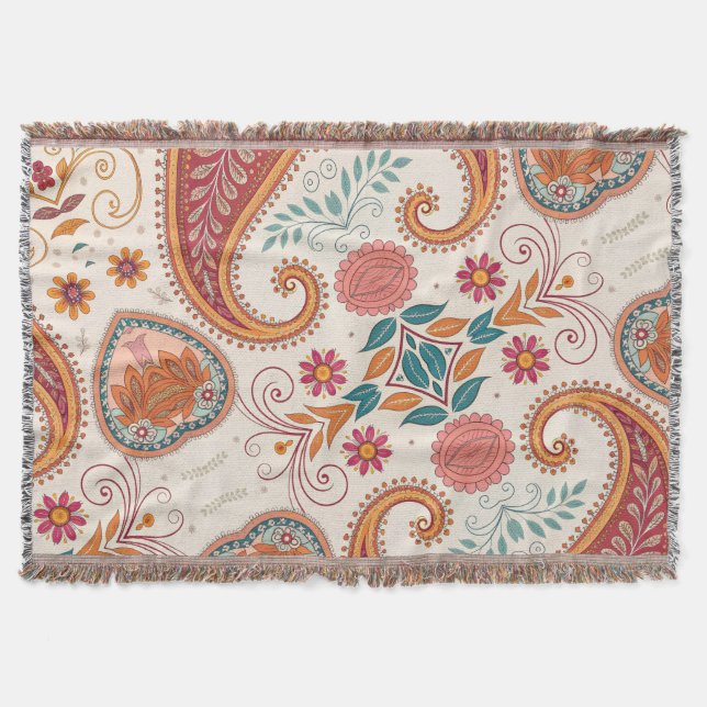 Livsglad Boho Paisley vit blommönster  Filt (Framsidan)