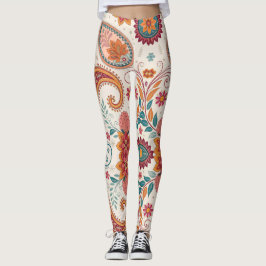Livsglad Boho Paisley vit blommönster Leggings