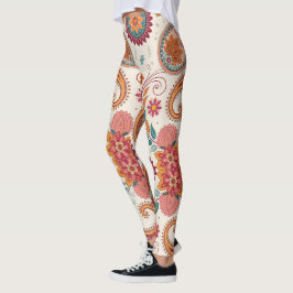 Livsglad Boho Paisley vit blommönster Leggings