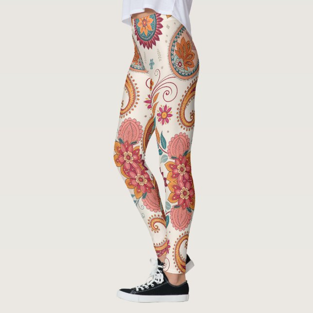 Livsglad Boho Paisley vit blommönster  Leggings (Vänster)
