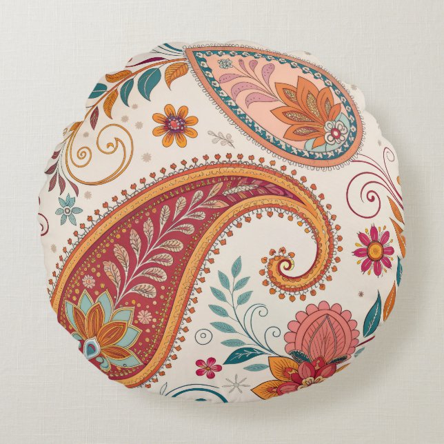 Livsglad Boho Paisley vit blommönster  Rund Kudde (Framsidan)