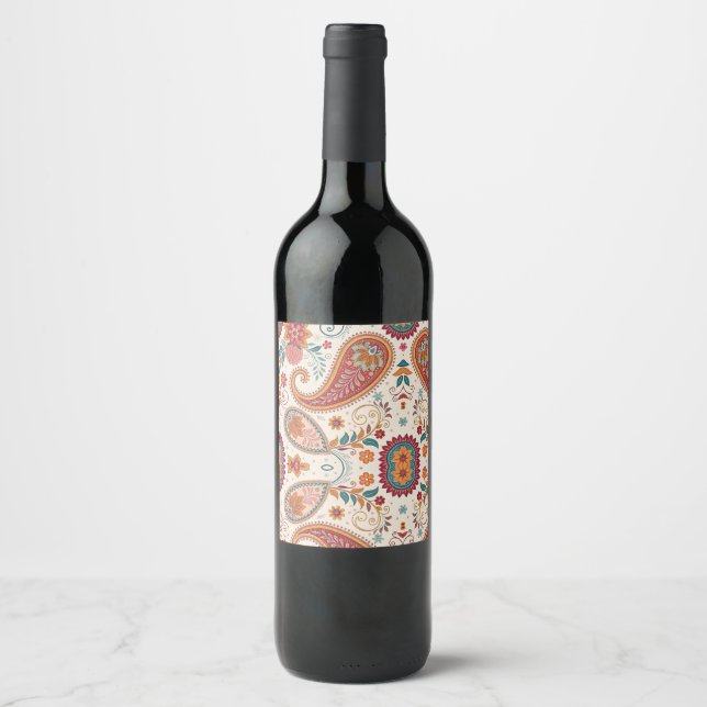 Livsglad Boho Paisley vit blommönster  Vinflaska Etikett (Framsida)