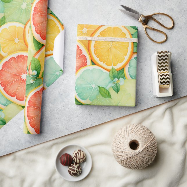 Livsglad Citrusskiva Watercolor Wrap Presentpapper (Hantverk)