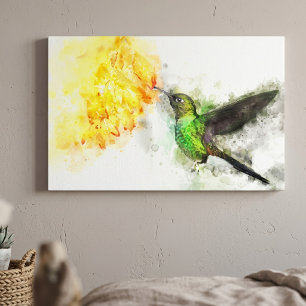 Livsglad Kolibri och Gula Blommor Akvarell Canvastryck