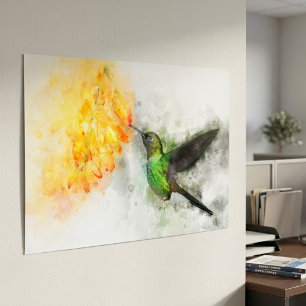 Livsglad Kolibri och Gula Blommor Akvarell Poster