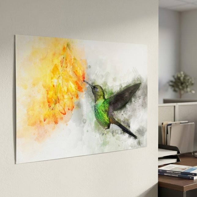 Livsglad Kolibri och Gula Blommor Akvarell Poster (Vibrant Hummingbird and Yellow Floral Watercolor. Poster)