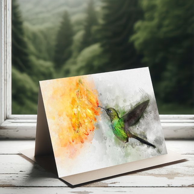 Livsglad Kolibri och Gula Blommor Akvarell Tack Kort (Vibrant Hummingbird and Yellow Floral Watercolor. Thank You Card)