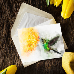 Livsglad Kolibri och Gula Blommor Akvarell Vykort