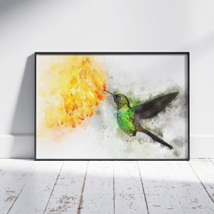 Livsglad Kolibri och Gula Blommor i Akvarell Fototryck