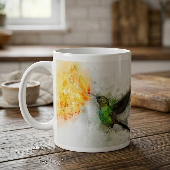 Livsglad Kolibri och Gula Blommor i Akvarell Kaffemugg (Vibrant Hummingbird and Yellow Floral Watercolor. Coffee Mug)