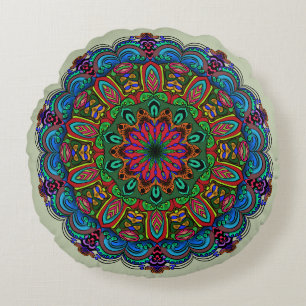 Livsglad Mandala Blommig och Geometrisk Mönster Rund Kudde