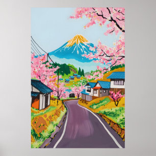 Livsglad Mt Fuji Sakura Konst Japansk Landsbygd Poster