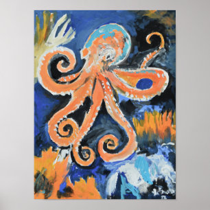 Livsglad Orange Bläckfisk Expressionist Poster